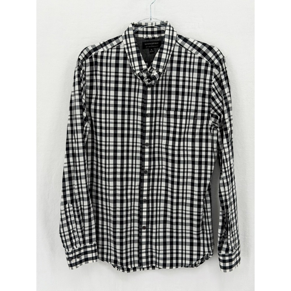 Banana Republic Shirt Mens Medium Black Soft Wash Tailored Slim Fit Plaid Preppy
